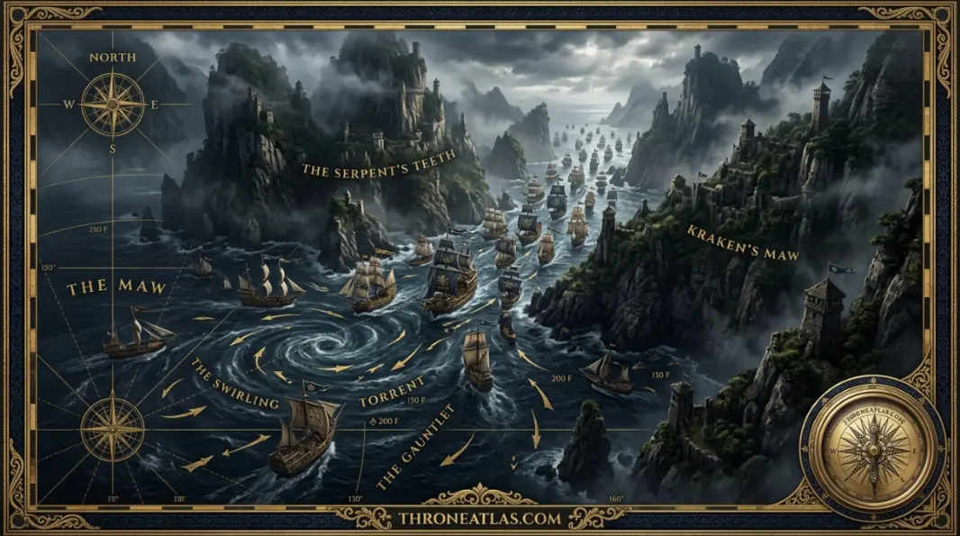 King&rsquo;s Landing harbor and Blackwater Bay route reference image with throneatlas dark map mood