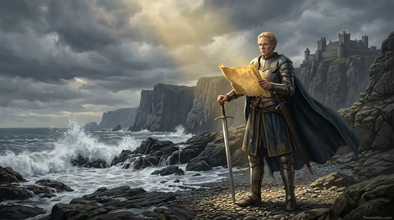 Brienne of Tarth journey map mood image showing a misty island coast and knightly route