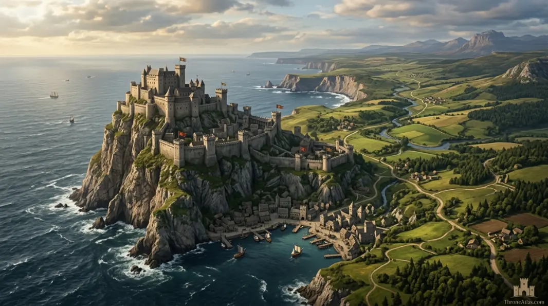 Casterly Rock Map cinematic atlas image for ThroneAtlas in dark gold style