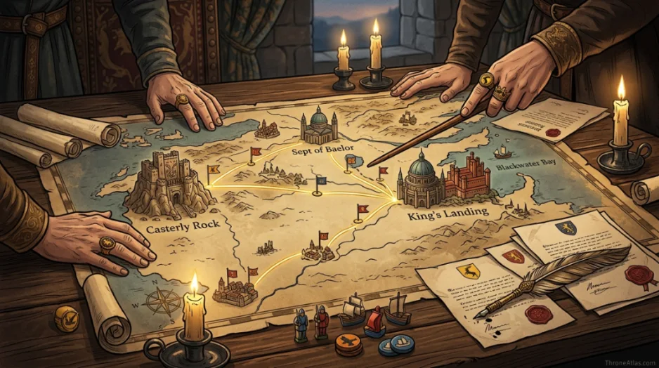 Cersei Lannister power map mood image showing dark city walls and royal capital pressure