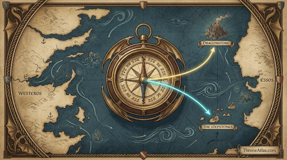 Daemon Targaryen journey map mood image showing rugged red cliffs and war route terrain