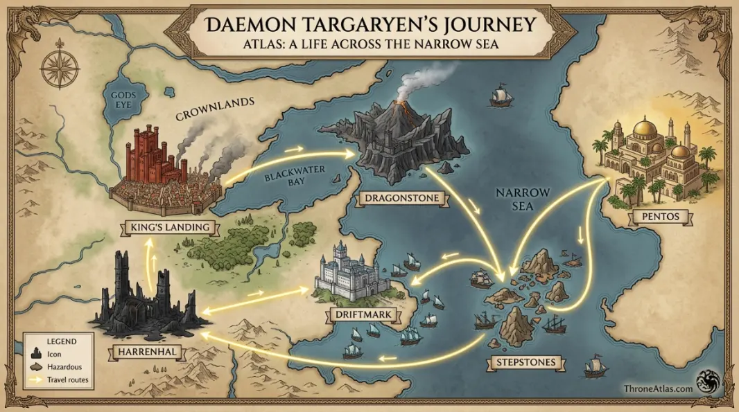 Daemon Targaryen Stepstones war route image with Narrow Sea atmosphere