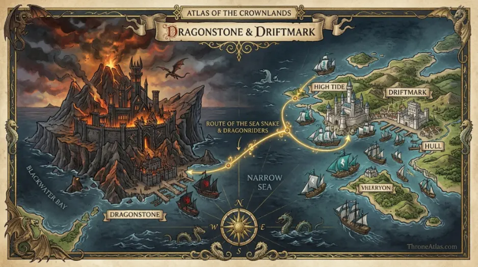 Daemon Targaryen Stepstones war route image with Narrow Sea atmosphere