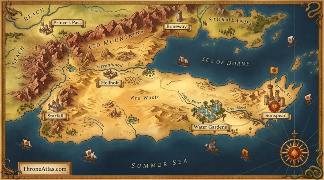 Dorne Map cinematic atlas image for ThroneAtlas in dark gold style