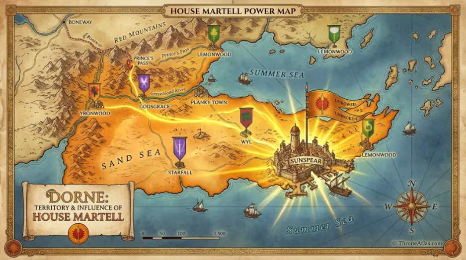 Dorne Map location image for Sunspear in ThroneAtlas guide