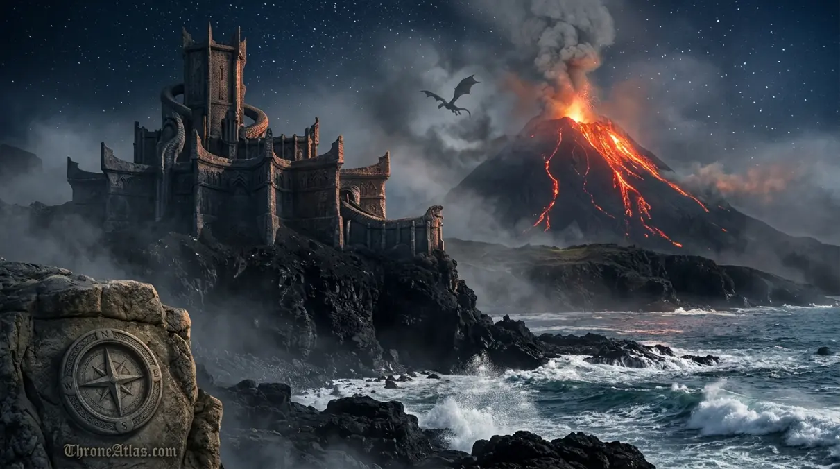 Dragons of Game of Thrones and House of the Dragon map mood image showing vast fantasy landscape route