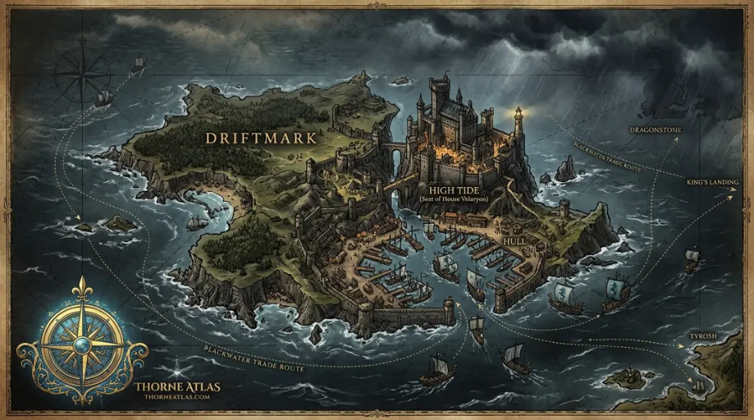 Driftmark map mood image showing a coastal island harbor for House Velaryon routes