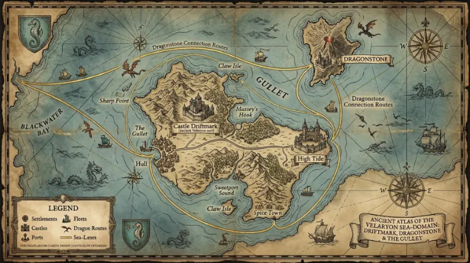 High Tide and Driftmark island route image in ThroneAtlas dark fantasy map style