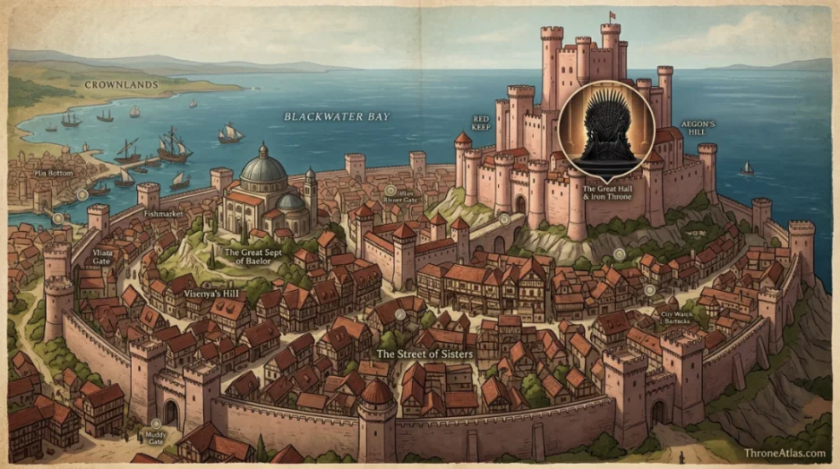 Iron Throne Location Guide cinematic atlas image for ThroneAtlas in dark gold style