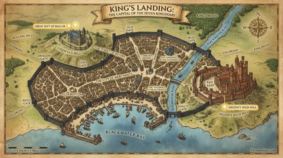 King&rsquo;s Landing Map cinematic atlas image for ThroneAtlas in dark gold style