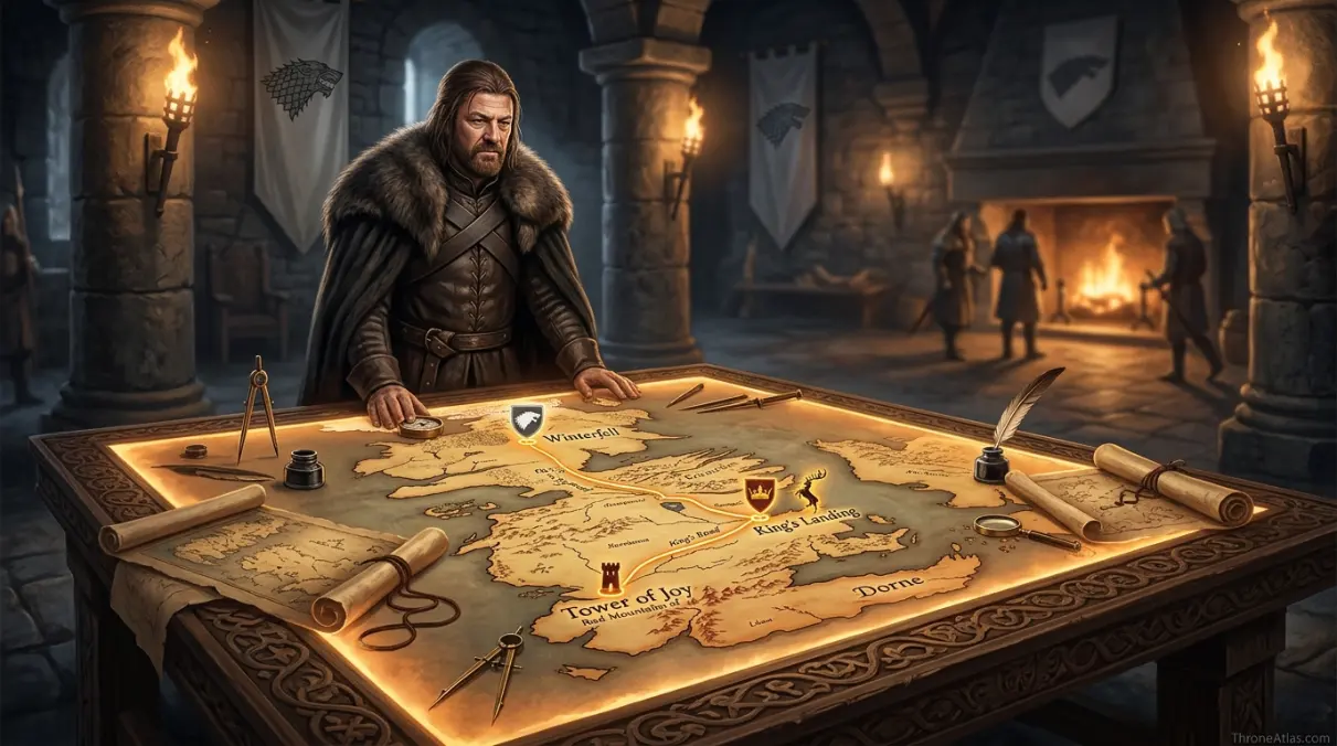 Ned Stark journey map mood image showing snowy northern road from Winterfell toward King&rsquo;s Landing