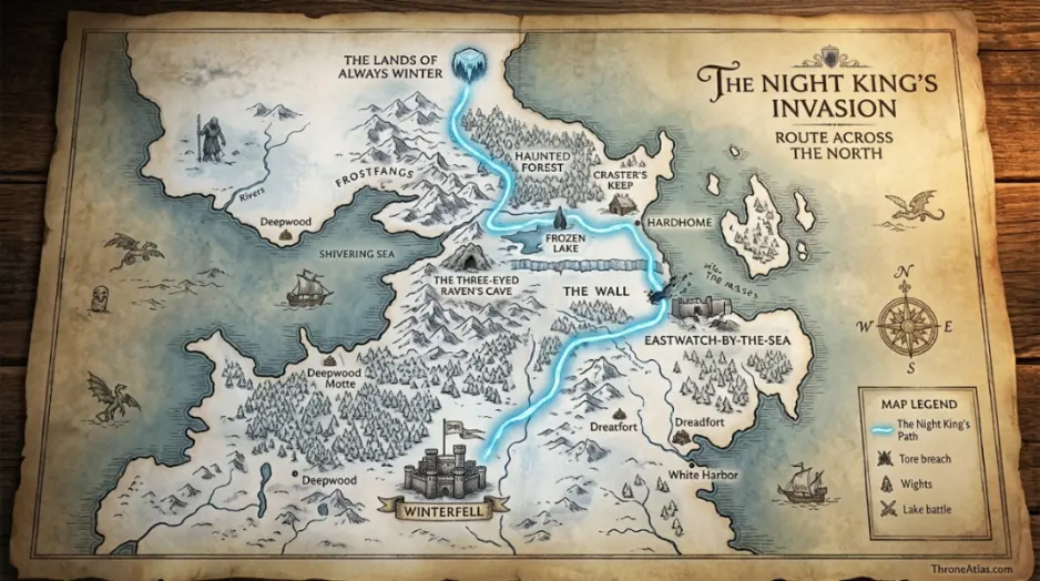 Night King route map mood image showing frozen lake and far north landscape