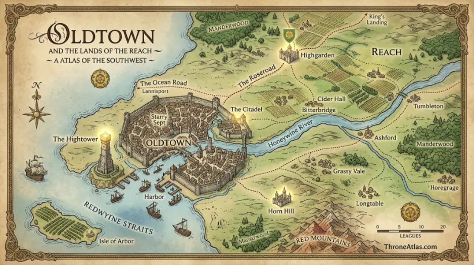 Oldtown Map cinematic atlas image for ThroneAtlas in dark gold style