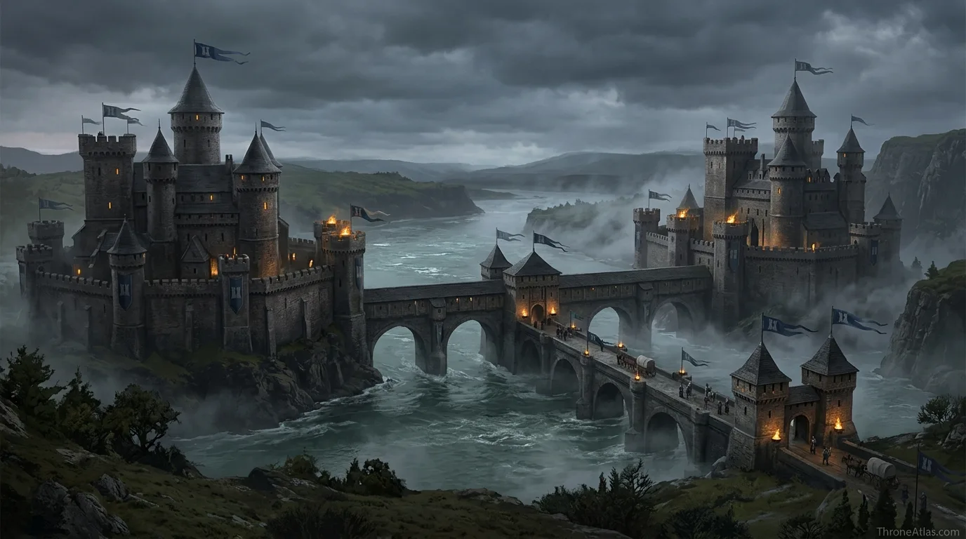 Red Wedding map mood image showing a river bridge and dark castle crossing at the Twins