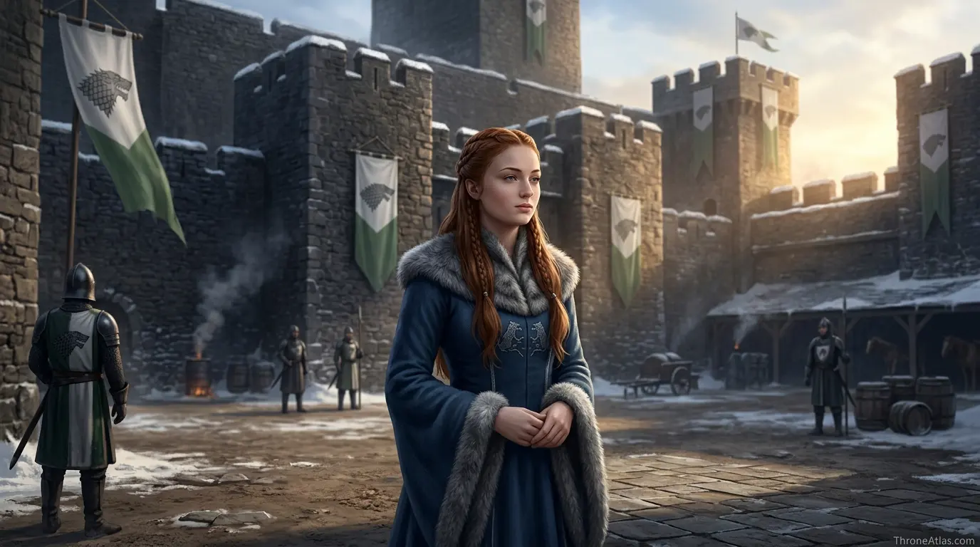 Sansa Stark journey map mood image showing a mountain valley route toward the Eyrie and Winterfell