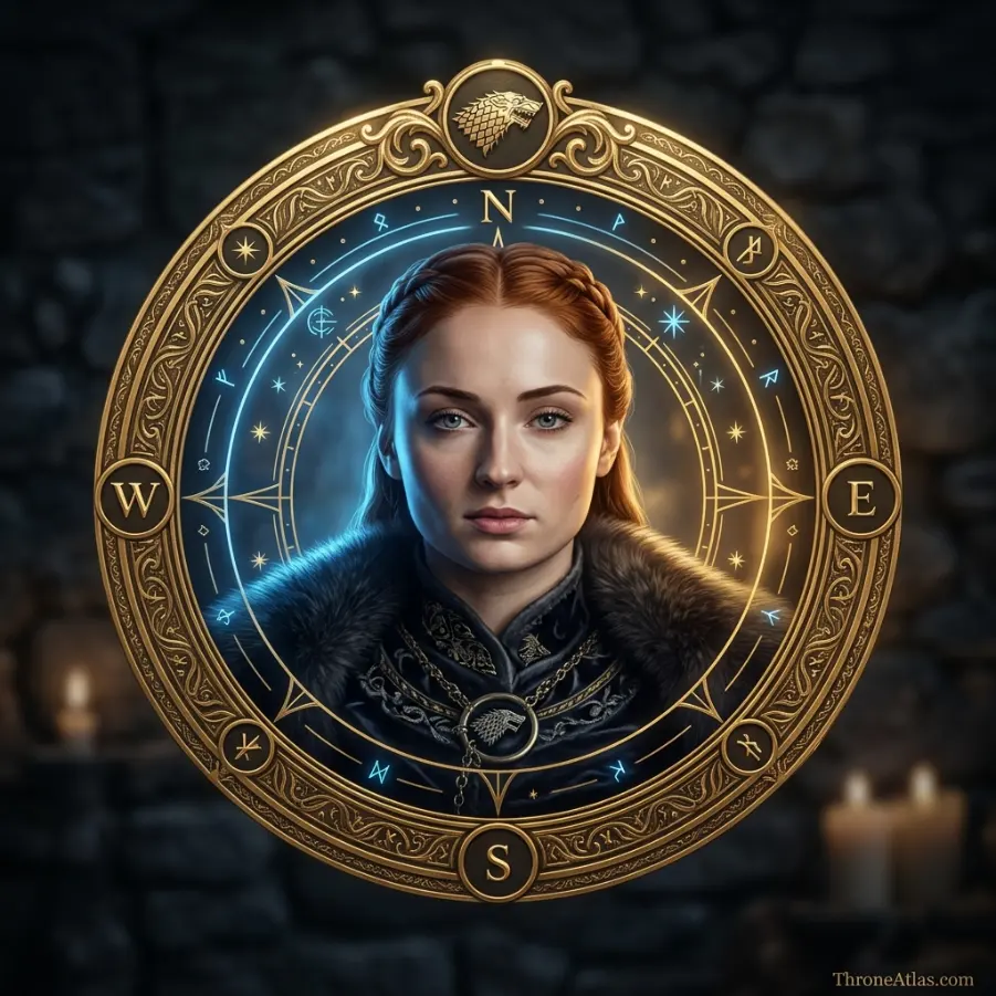 Sansa Stark Journey Map compass rose for ThroneAtlas route guide