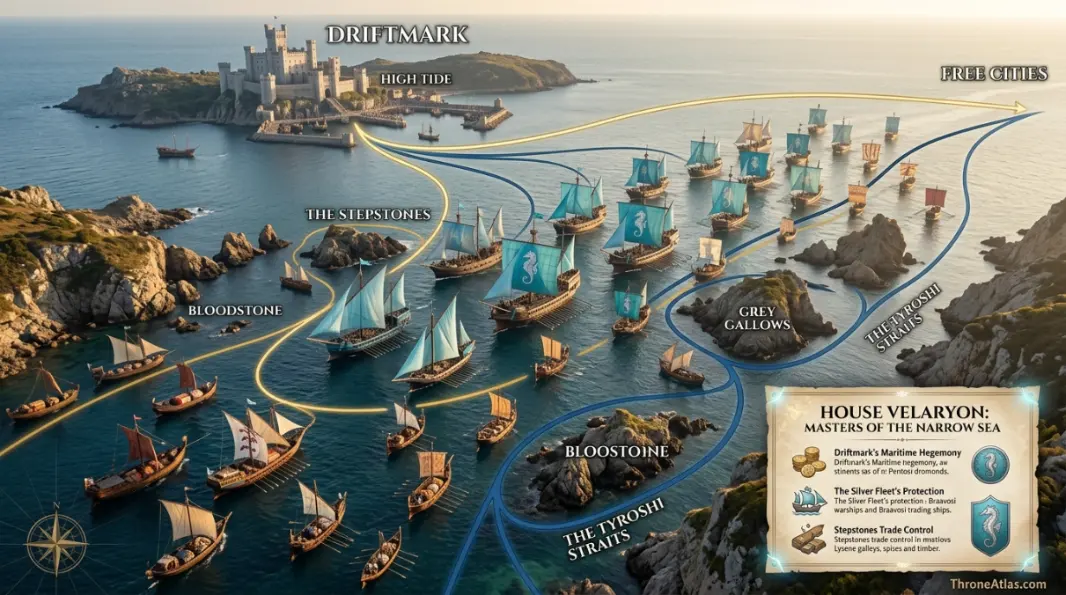 Corlys Velaryon shipping route image connected to the Stepstones map