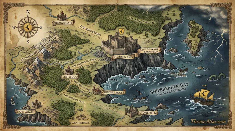Storm&rsquo;s End Map cinematic atlas image for ThroneAtlas in dark gold style
