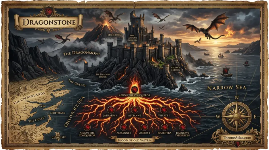 Targaryen family tree map mood image showing ancient stone route and royal bloodline geography
