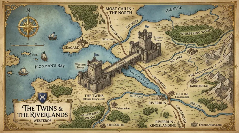 The Twins Map cinematic atlas image for ThroneAtlas in dark gold style