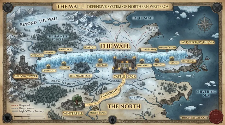 The Wall Map cinematic atlas image for ThroneAtlas in dark gold style