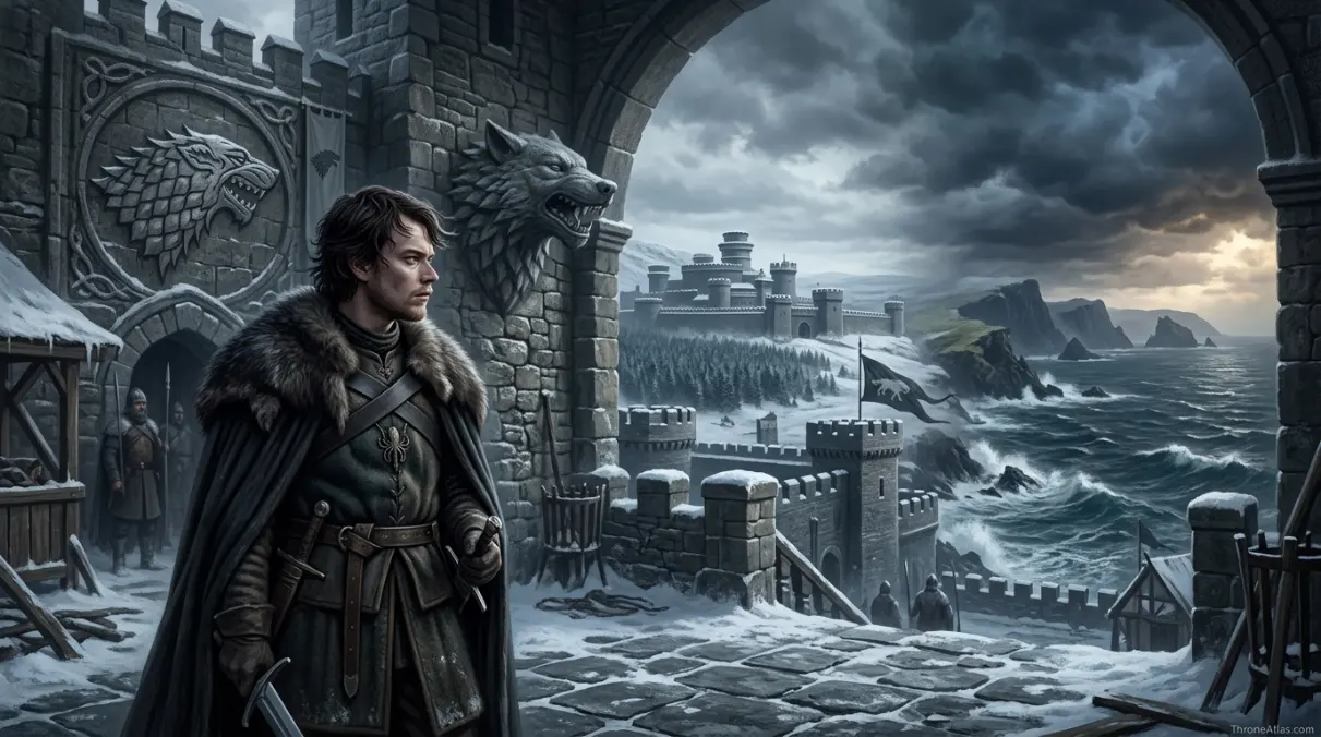 Theon Greyjoy journey map mood image showing stormy Iron Islands sea cliffs