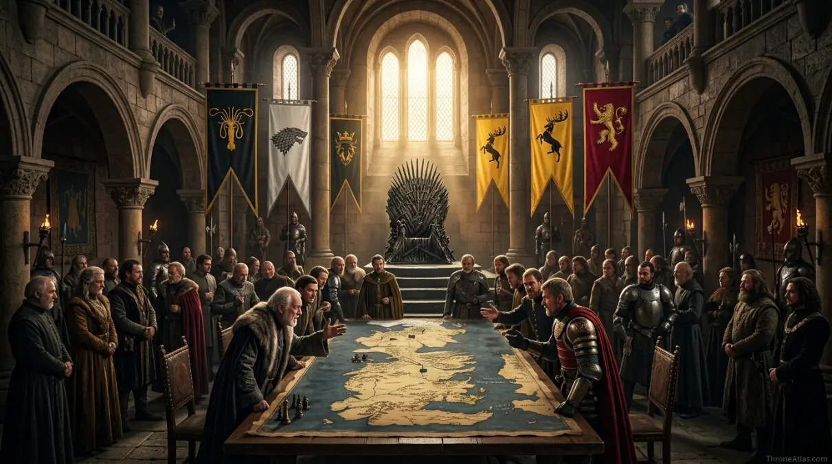 War of the Five Kings map image showing antique campaign map and contested kingdoms