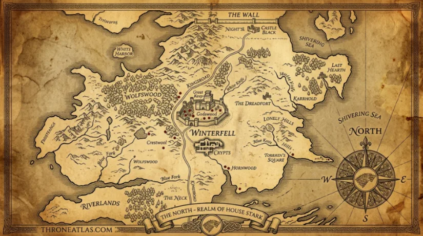 Winterfell Map cinematic atlas image for ThroneAtlas in dark gold style
