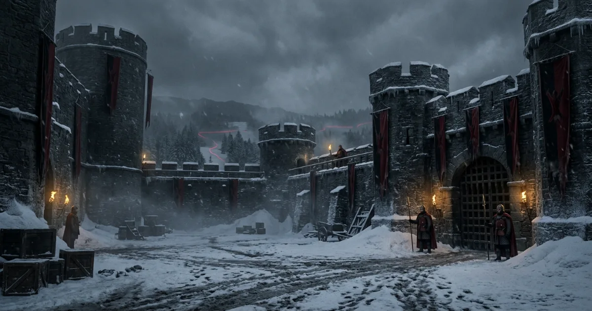 Winterfell under Bolton rule with snow covered castle black red banners torches and cold northern fog