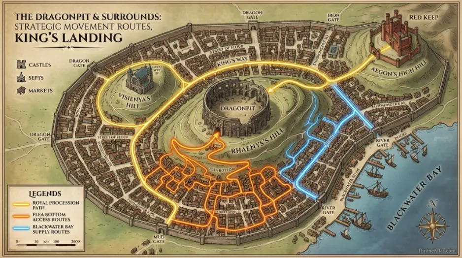 Dragonpit map regional overview with nearby Westeros landmarks