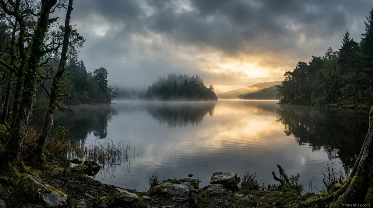 Gods Eye map image showing dark sacred lake and forested island atmosphere