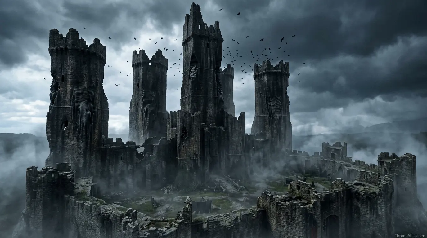 Harrenhal and Gods Eye map image showing dark lake and ancient ruins atmosphere