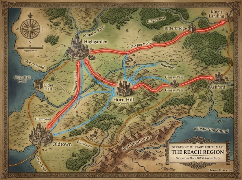 Horn Hill map map position with connected Westeros routes