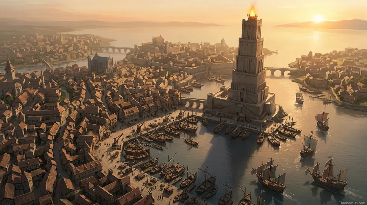 House Hightower map image showing ancient tower and Oldtown-style institutional power