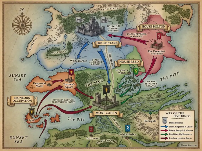 Moat Cailin Map route overlay with connected houses and story movement