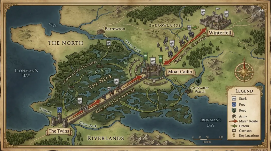Moat Cailin map timeline route connections across Westeros