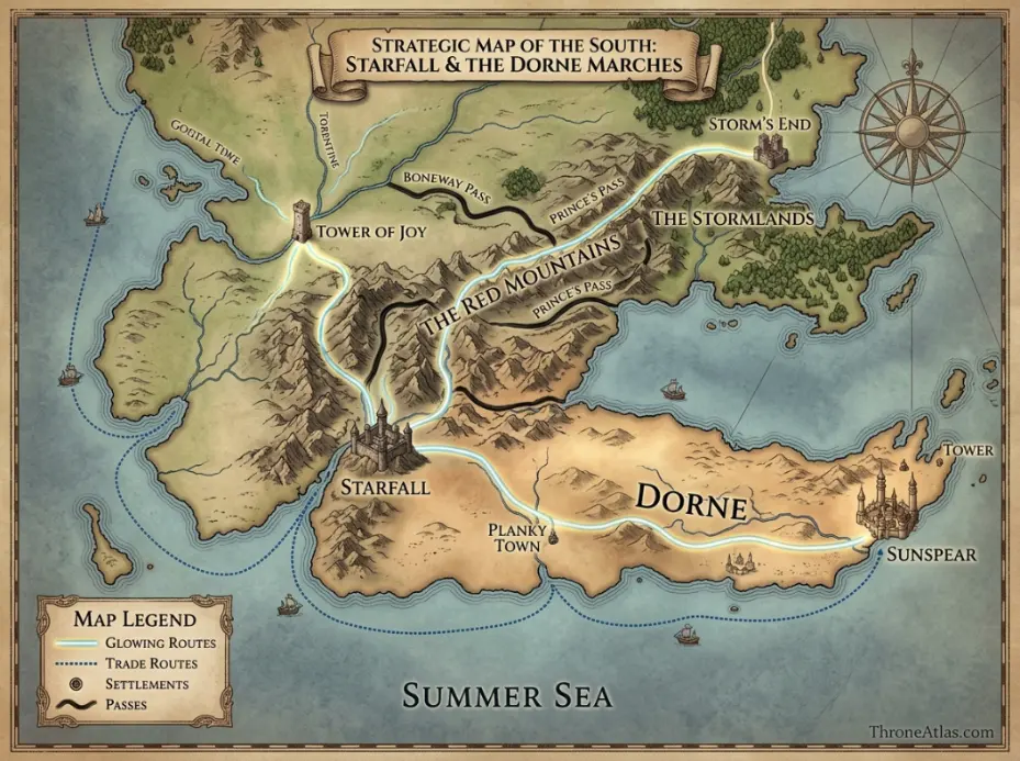 Starfall map map position with connected Westeros routes