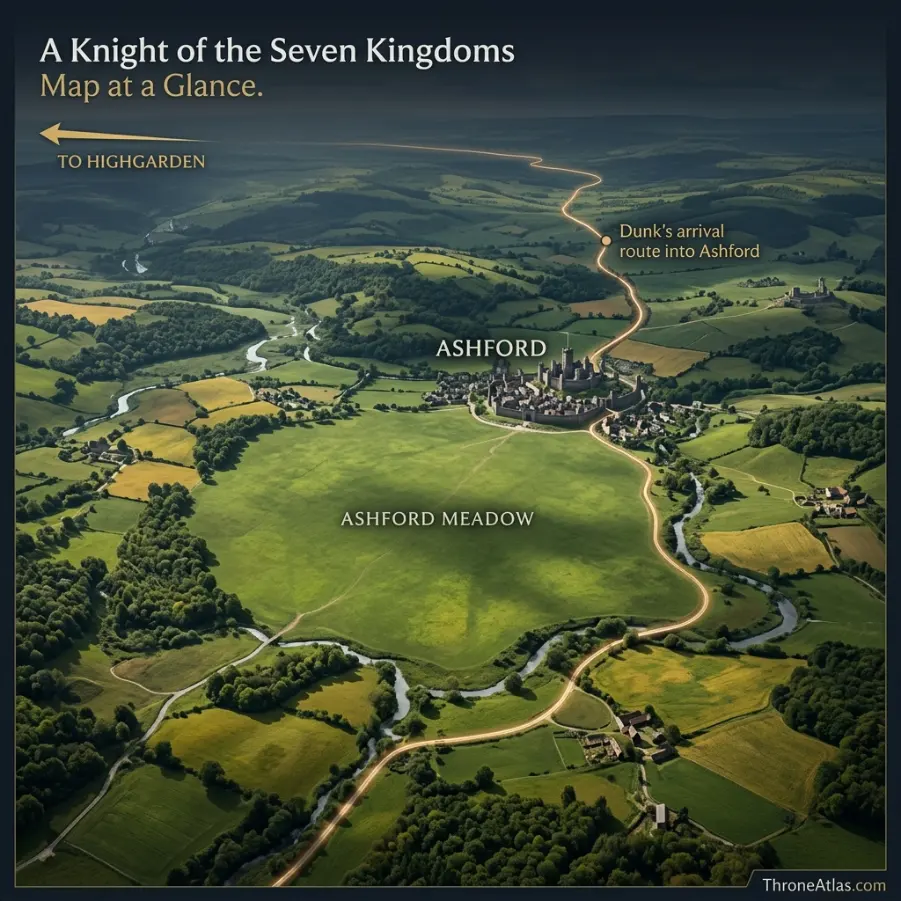 Detailed A Knight of the Seven Kingdoms map with Ashford Meadow and the major Dunk and Egg story locations in Westeros