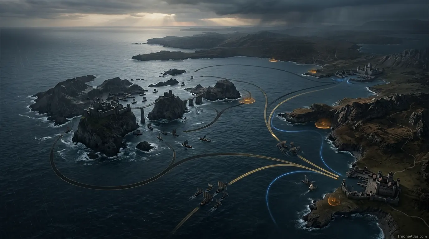 Greyjoy Rebellion map showing routes around Pyke and Pyke, Seagard, Lannisport, Winterfell