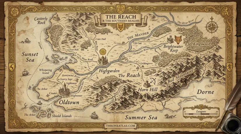 House Florent map route board for Brightwater Keep and surrounding territories