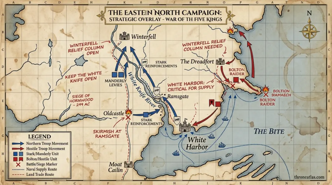 House Manderly map showing nearby routes and connected castles around White Harbor
