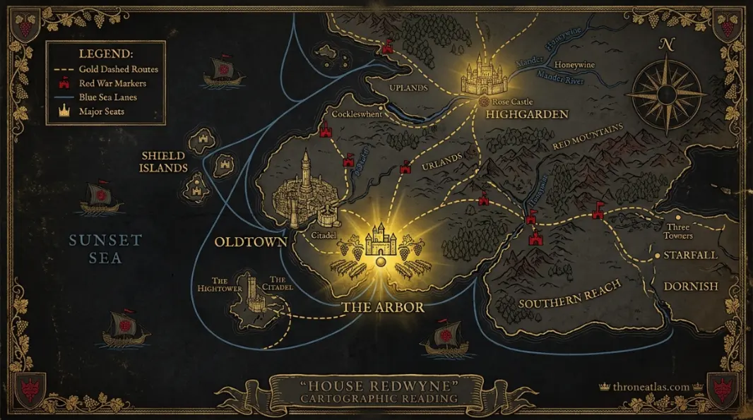 House Redwyne map showing the political geography around The Arbor