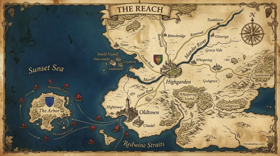 House Redwyne map route board for The Arbor and surrounding territories