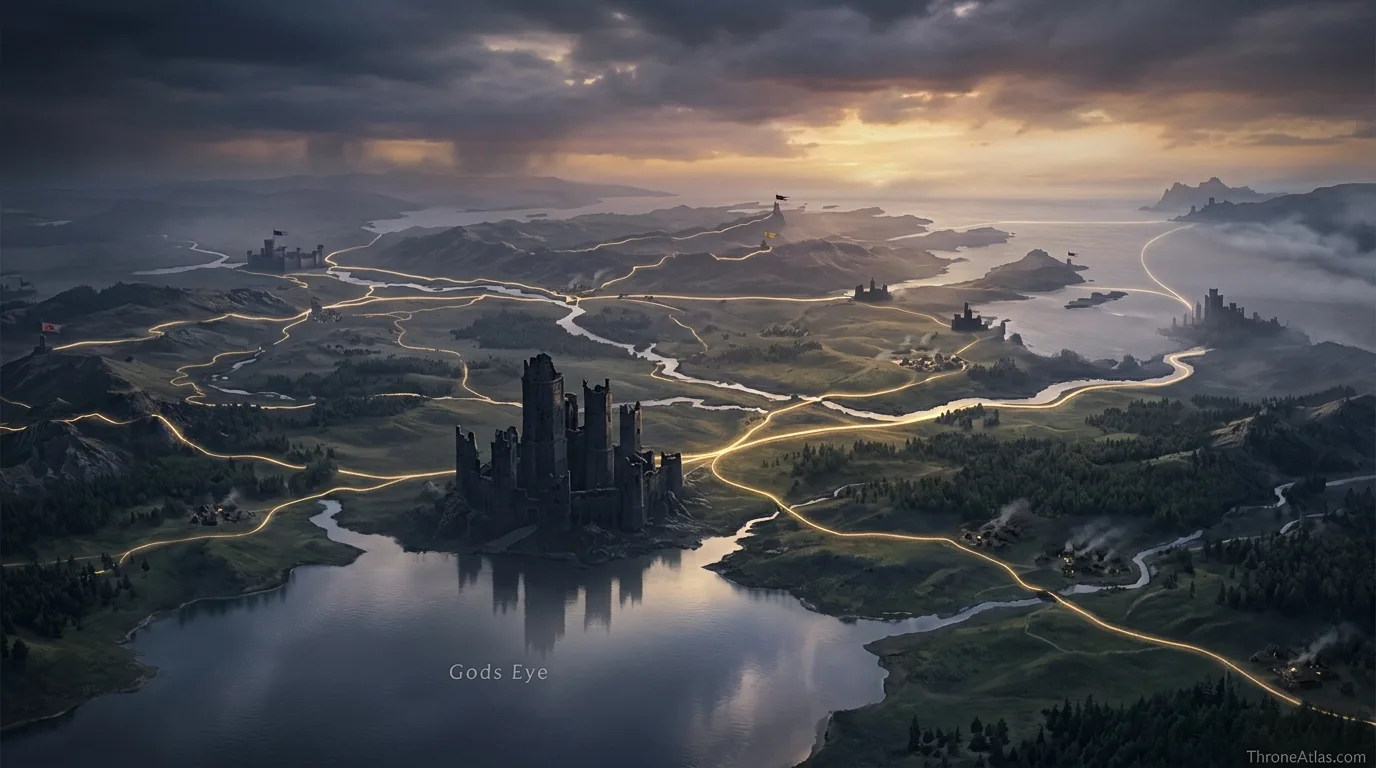 House Strong map showing nearby routes and connected castles around Harrenhal