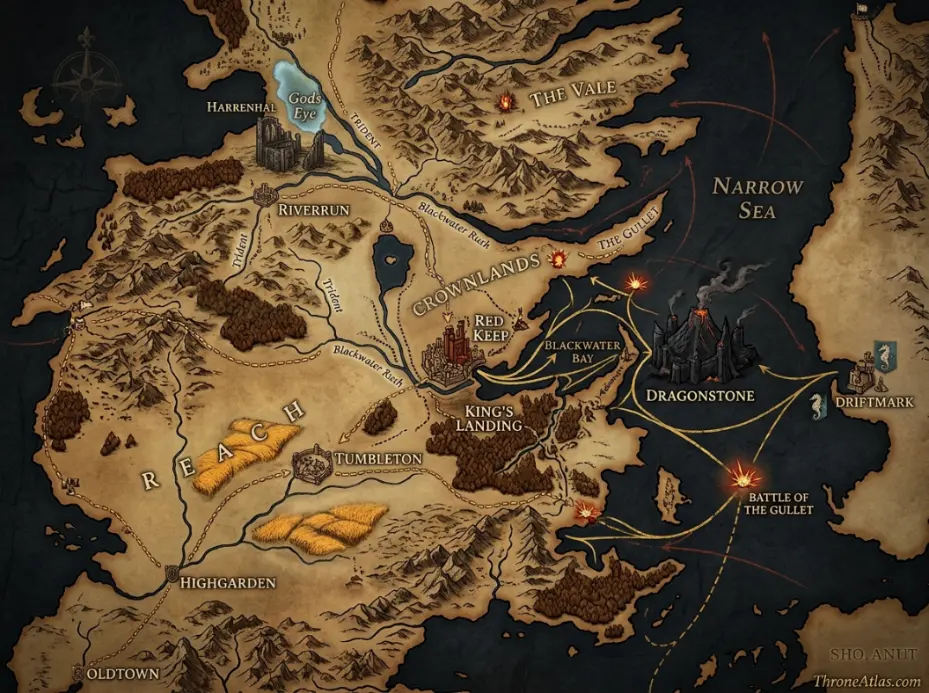 House of the Dragon Season 3 map showing Dragonstone, the Gullet, King's Landing, Harrenhal and Tumbleton