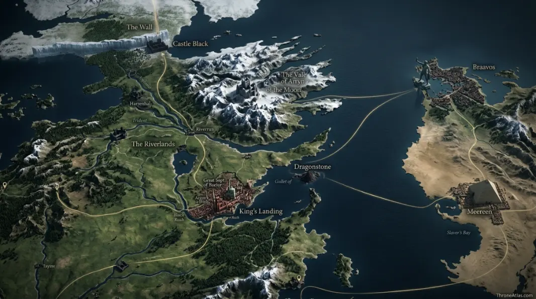 Map of Game of Thrones Season 4 broad Westeros atlas map