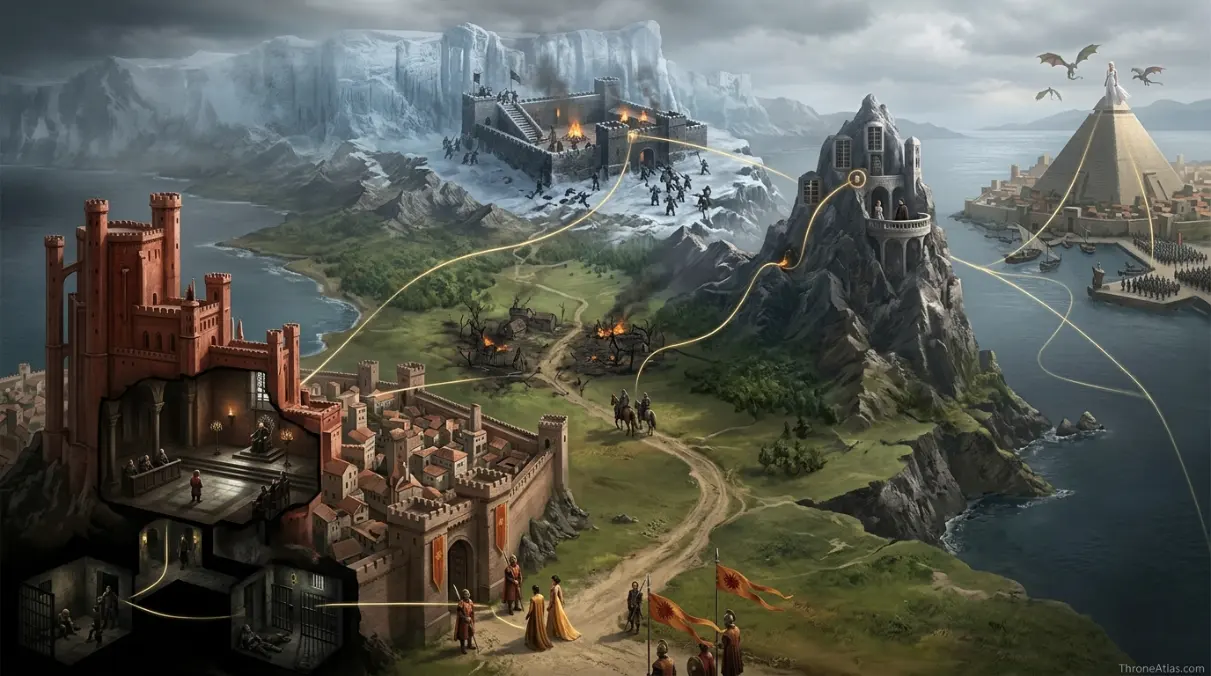 Map of Game of Thrones Season 4 region overview and linked houses