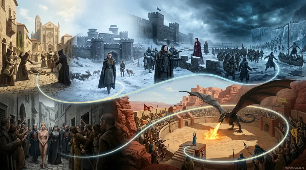 Map of Game of Thrones Season 5 region overview and linked houses