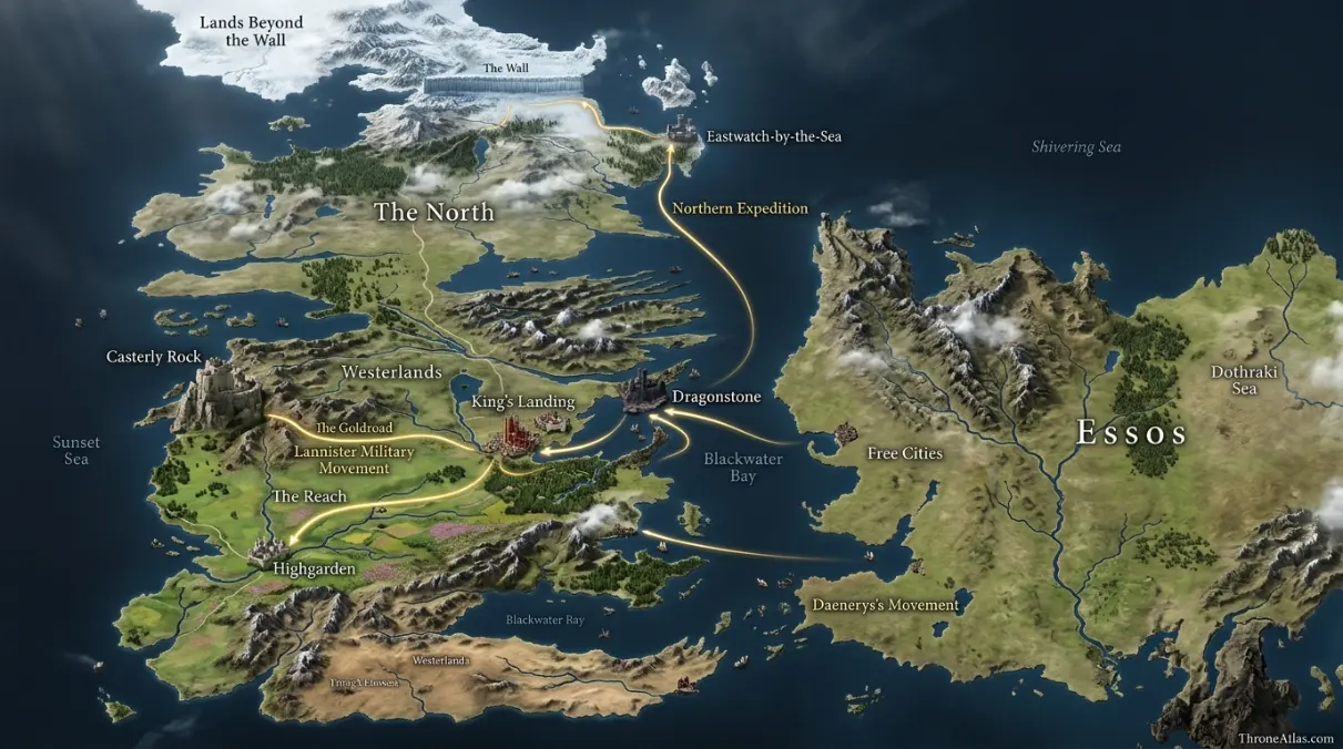 Map of Game of Thrones Season 7 broad Westeros atlas map