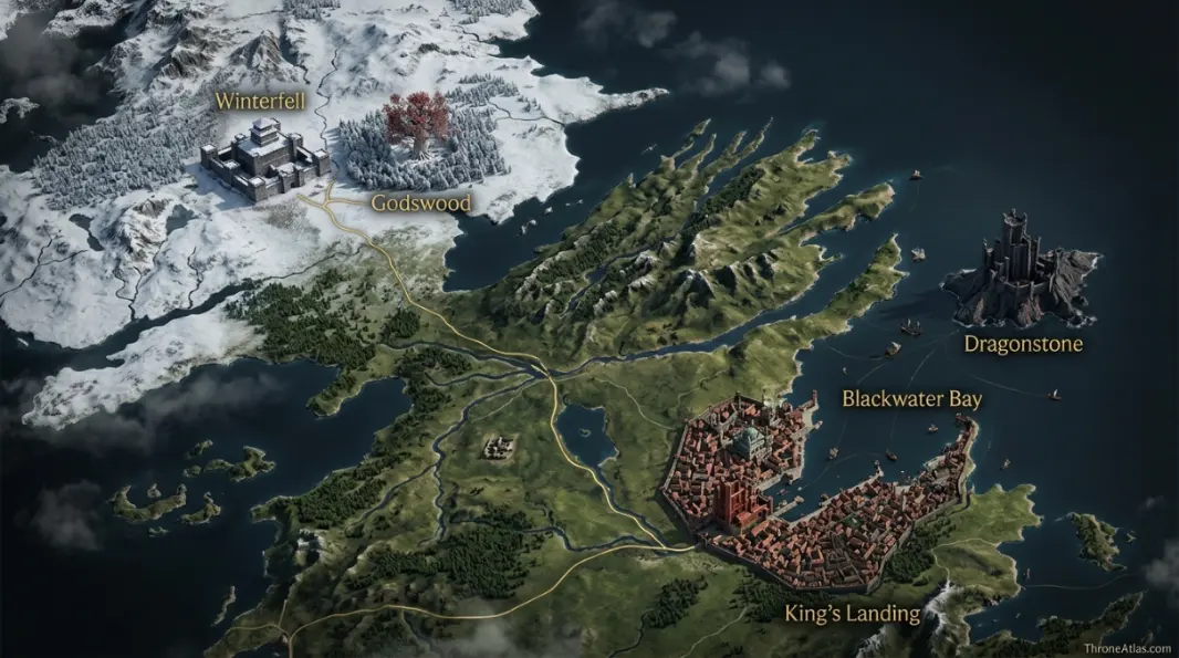 Map of Game of Thrones Season 8 broad Westeros atlas map